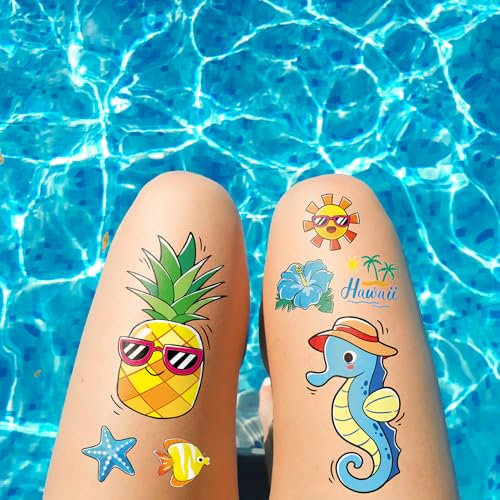 Leesgel Pool Spielzeug, 104 Stück Hautfreundlich Kindertattoos für Hawaii/Sommer/Beach/Pool Party Deko,Zubehör für Poolparty Mitgebsel Kindergeburtstag Sommer Geschenk