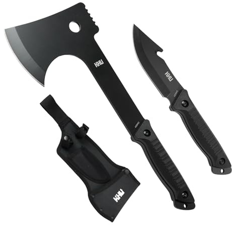KHU 2 pcs 420HC Acciaio Ascia da campeggio Coltello da caccia - Coltello da campeggio sopravvivenza con fodero in nylon, Ascia da bushcraft per spaccare la legna Uso All'aperto caccia