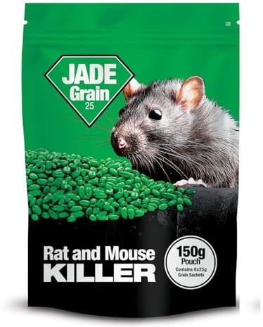 Jade Grain 25 Rat & Mouse Killer – Poison Grain Bait with Difenacoum 0.0025% – Ready-to-Use Rodent Control for Indoor & Outdoor Use – 150g Resealable Pouch (3)