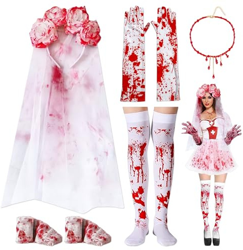 YiiHHooN Horror Braut Kostüm, 6 Stück Zombie Braut Kostüm, Halloween Kostüm Damen mit Blut Handschuhe Halloween Blutsocken Blut Halskette Haarreif Bloody Gothic Accessoires Damen