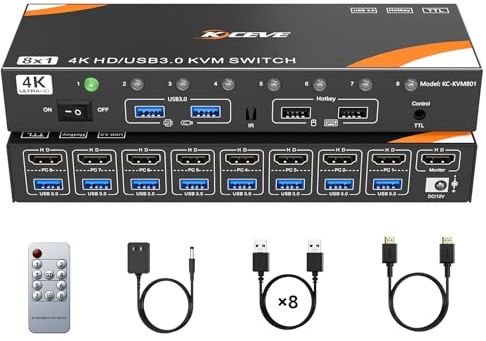 HDMI KVM Switch 8 Computers 1 Monitor, 8 Ports USB 3.0 KVM Switcher Support 4K@60Hz for 8 PC Share Keyboard and Mouse, Compatible with Windows/Linux/Mac System etc