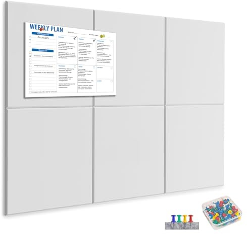 Accmuzzy 6 Stück Pinnwand Filz Selbstklebend, 9mm Dick Filz Pinwand mit 40 Pins, Dekorative Pinnwand Groß Wanddekoration für Fotos, Notiz-memoboard für Zuhause Küche Büro Schule, 30x30cm (Weiß)