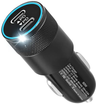 USB C Car Charger Cigarette Lighter Adapter 60W Dual PD 3.0 Ports 12V | Fast Charging USB-C Cigarette Car Charger Plug. Type-C Ports for iPhone 17/16/15/14/13 Pro Max, iPad, SamSung Galaxy S25.