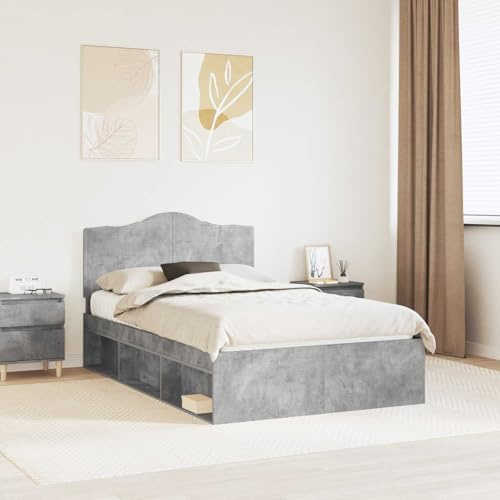 GeenYuu Bettrahmen mit Kopfteil, Beton-Optik, 120x200 cm, Massives Kiefernholz, Modernes Design, Stabiles Bettgestell für Schlafzimmer