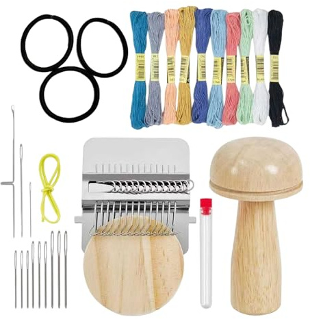 14 Haken Mini Webstuhl Kit, Mini-Stopfmaschine Mit Runde Holzplatte Web-Reparatur-Mini-Webstuhl Speedweve-Webwerkzeug Mit 14 Nadeln Und 10 Garnfarben Webstuhl-Kit Für AnfäNger,Jeans Reparieren,LöCher