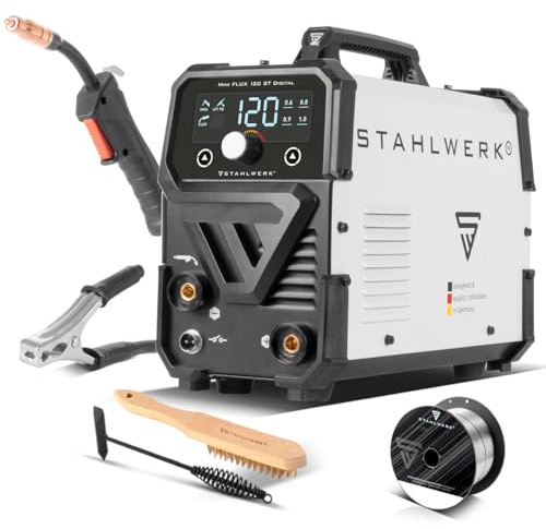 STAHLWERK Poste à souder Mini FLUX 120 ST Digital – Soudage au fil fourré (FLUX) sans gaz jusqu'à 120 A, compact avec dévidage synergique et éclairage LED, fonction Lift-TIG et MMA (ARC)