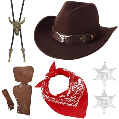 WFKKMEQ Cowboy Kostüm, Western Cowboy Outfits Cosplay Zubehör Fancy Dress Set mit Cowboyhüte Bandana Holster Gürtel Halskette Abzeichen Cowboys Hut Kostüm Zubehör für Karneval