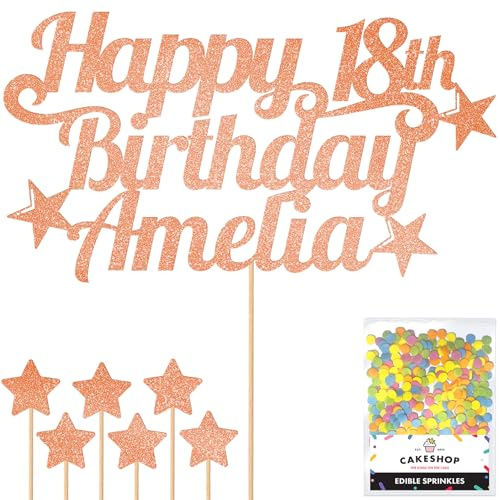 Cakeshop Personalised Happy Birthday Glitter Cake Topper - Rose Gold Any Name & Any Age Glitter Cake Decoration and Sprinkles - Happy Birthday Decorations - Custom Toppers for Cakes
