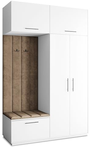 Masseno Flugarderoben Set Rema, Kleiderschrank-Set mit Sitzbank, Garderobenschrank Flur mit 5 Regalböden, Weiß