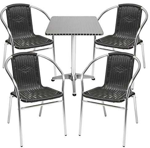 Mojawo® Bistrogarnitur 5-teilig Bistrotisch Aluminium eckig 60x60cm H70cm / 110 cm höhenverstellbar + 4 Stapelstühle Aluminium/Rattan Schwarz