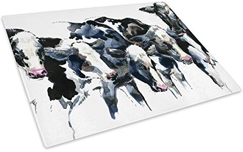 Black White Watercolour Cow Glass Chopping Board Kitchen Worktop Saver Protector