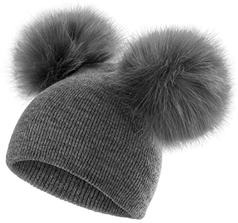 Yixda Baby Mütze Jungen Mädchen Fellbommel Pom Pom Winter Strickmütze Beanie (Grau)