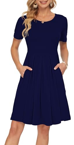 AUSELILY Shirtkleid Damen Kurzarm Plissee Loose Swing Freizeitkleid mit Taschen Knielang Navy Blau L
