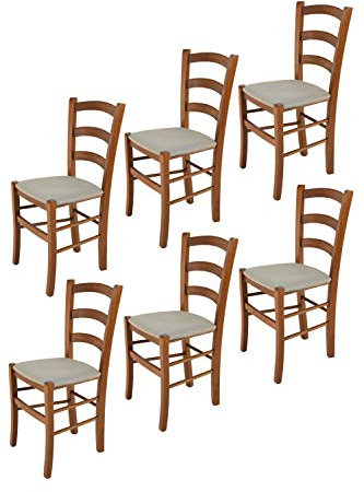 Tommychairs - 6er Set Stühle VENICE für Küche und Esszimmer, robuste Struktur aus lackiertem Buchenholz im Farbton helles Nussbraun und gepolsterte Sitzfläche mit STOFF in der Farbe Gämsebraun bezogen