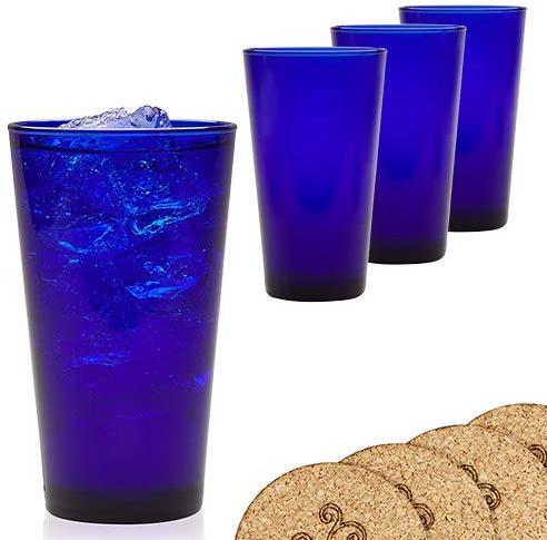 ECODESIGN-US Cobalt Blue 17.25 Ounce Glasses - Set of 4 - Flare Tumblers w/ Coasters