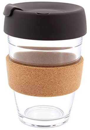 Hosoncovy Taza de café de cristal reutilizable de 350 ml con cinta de corcho resistente al calor, taza de café de viaje con tapa y tapa, 350 ml (marrón)