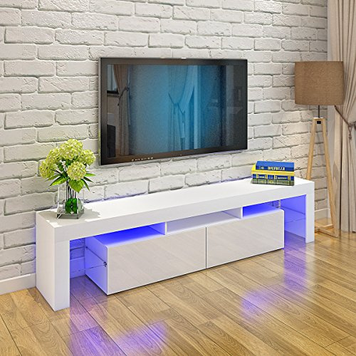 Panana 2 Drawer TV Stand Cabinet Unit Glass Shelf Sideboard 160cm RGB LED Lighted (White)