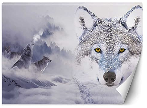 Feeby Wandtapete Fototapete Vlies Pack Schnee Frost 250x175 cm Grau Modern Tapete Wohnzimmer Schlafzimmer Wölfe Berge Wald Nebel
