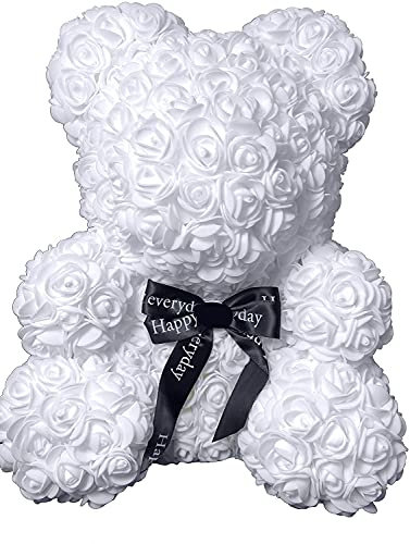 Ours en Rose 40 cm + Boite Couleur au Choix Love Fête des Mères Anniversaire Saint Valentin Mariage Noël Cadeau boîte (Blanc)