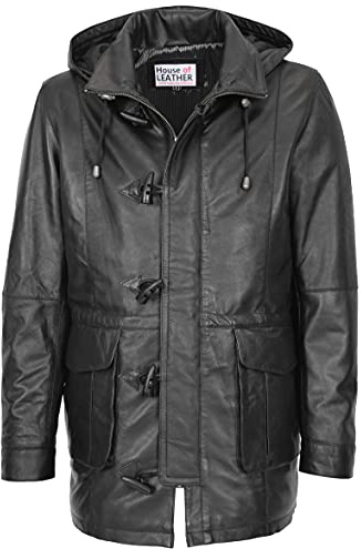 Duffle-coat en cuir avec capuche détachable pour homme Noir, Noir , XL