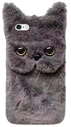 Herbests Plüsch Hülle Kompatibel mit iPhone 6/6S,Karikatur Katzen Handyhülle Warme Flauschige Weiche Süße Tier Schutzhülle Case,Stoßfest TPU Stoßfänger Rückseite Telefonhülle für Mädchen,Grau
