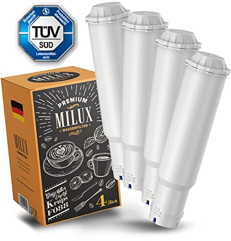 MILUX® Wasserfilter Ersatz für Krups F088, Nivona, Melitta [4er Set] - Filterpatrone für Kaffeevollautomaten - Siemens, Bosch, Neff, Gaggenau, AEG - Kalkschutz ohne Schadstoffe - TÜV zertifiziert