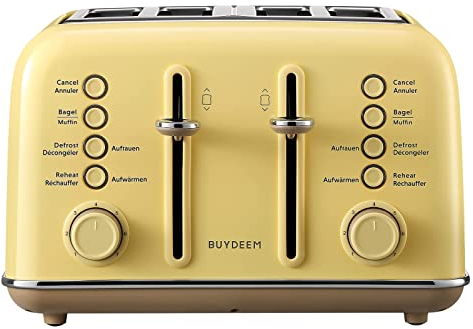 BUYDEEM DT640E Toaster 4 Scheiben, Toaster Edelstahl Vintage mit 7 Bräunungsstufen, Aufwärm und Auftaufunktion, Herausnehmbare Krümelschublade (Gelb)