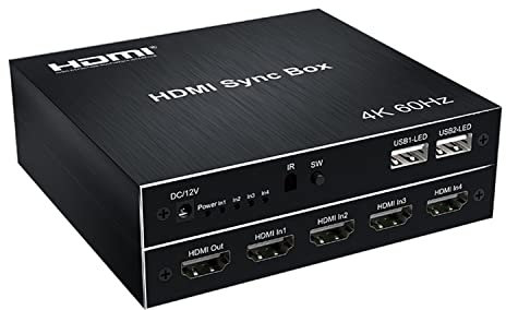 HDMI SYNC BOX，HDMI Sound and Light Synchronizer 4×1 4K*2K/60Hz HD 4 in 1 Out Sound and Light Synchronizer Suitable for PC/PS5/XBOX/Projector Windows Mac OSLinux etc. Support HDCP2.2