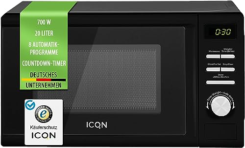 ICQN Mikrowelle, Solo-Mikrowelle, 20 L, 700 W, 5 Leistungsstufen, 8 Automatikprogramme, Digitale Timerfunktion, Gewicht und zeitgesteuerte Auftauen, Kindersicherung, Glasdrehteller (25,5 cm), Schwarz