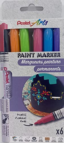 Pentel Arts Paint Marker MSP10, Pochette de 6 Marqueurs peinture permanents, Pointe fine, Noir/Violet/Rose/Orange/Vert clair/Bleu ciel