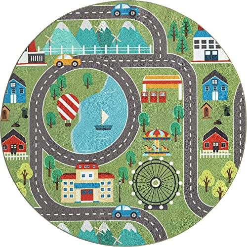 the carpet Happy Life Kinderzimmer, Kinderteppich, Spielteppich, Straßenteppich, Straße, Stadt, Auto, Rund, Grün, 160 cm Rund