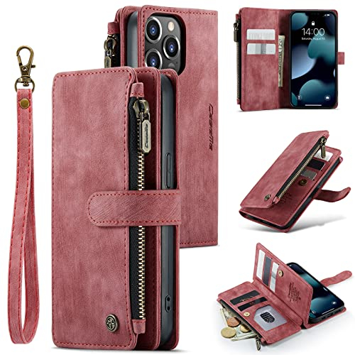 UEEBAI Handyhülle für iPhone 14 Pro 6.1 inch, Retro Reißverschluss Hülle Premium PU Leder Weiche Klapphülle Magnetverschluss Kartenfach Standfunktion Geldbörse mit Trageband Schutzhülle - Wein Rot