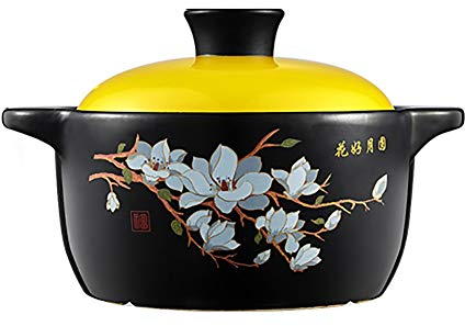 Cacerolas con Tapas Olla de Barro de cerámica Cacerola binaural con Tapa Utensilios de Cocina Decoración de Flores Olla de Barro (Amarillo 3L)