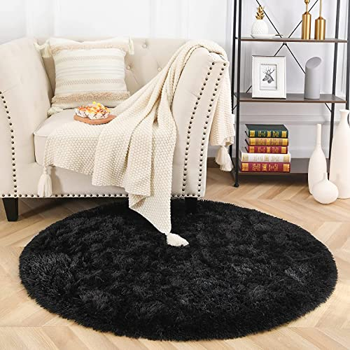 MARATIP Plüsch Teppich Rund,Flauschiger Teppich Rund, modernes Wohnzimmer, Kinder Mädchen,weicher und Flauschiger Teppich für das Schlafzimmer/Wohnzimmer/Kinderzimmer(Schwarz,Ø 120 cm Rund)