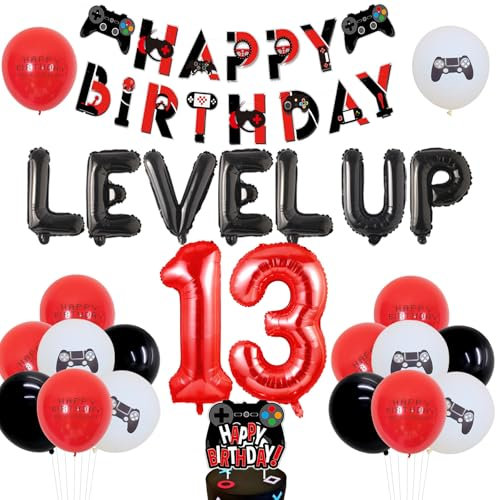 Sursurprise Video Game 13th Birthday Decorations for Boys, Red and Black Gaming Happy Birthday Banner, Level up Foil Balloon, Game Controller Game on 13 Year Old Birthday Party Supplies