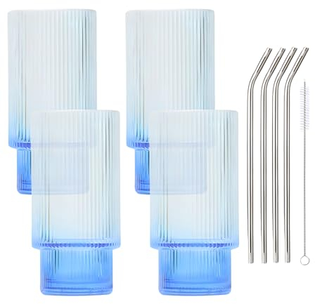 Smiths Mason Jars 4er Pack gerippte 16 Unzen-Gläser mit Strohhalm, Glaswaren-Set – 285 ml Eiskaffeetassen, geriffelter Becher im Origami-Stil für Cocktails, Saft(Blau)