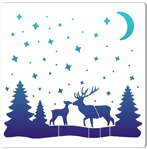 GORGECRAFT 30 cm Rentier-Schablone Kunststoff-Zeichenschablonen Wiederverwendbare Malvorlagen DIY Dekorative Tier-Mond-Baum-Muster-Vorlage Basteln Für Scrapbooking Möbel Wand Holz Papier Dekor