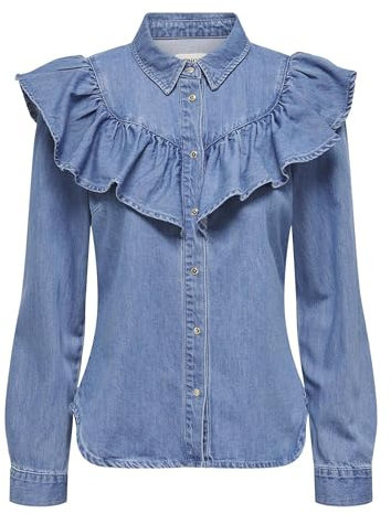 ONLY Shirt Onlindigo LS Frill DNM-Maglietta Qyt Noos, Media Blu Denim, S Donna