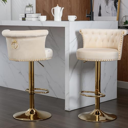 Barhocker 2er Set, Barstuhl Küchenstuhl Mit Lehne Und Fußstütze, 360° Drehbar, Höhenverstellbar, Retro Stil Barstühle Mit Goldfarbener Metallsockel Und Zapfenverzierung Für Küche, Esszimmer (Beige)