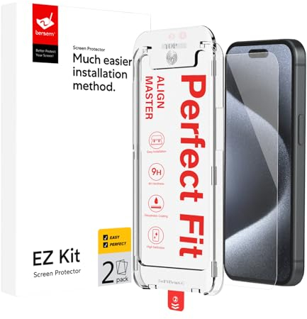 BERSEM 2 Pack Tempered Glass Screen Protector Compatible with iPhone 15 Pro Max (6.7 Inch, 2023), Auto-Alignment Kit, Bubbles Free, Case Friendly, Anti-Scratch