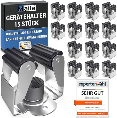 Maila® Gerätehalter (15er Set) - Robuster 304er Edelstahl rostfrei - Besenhalterung Wand mit starker Klemmwirkung, Wandhalterung für Besen, als Werkzeughalter