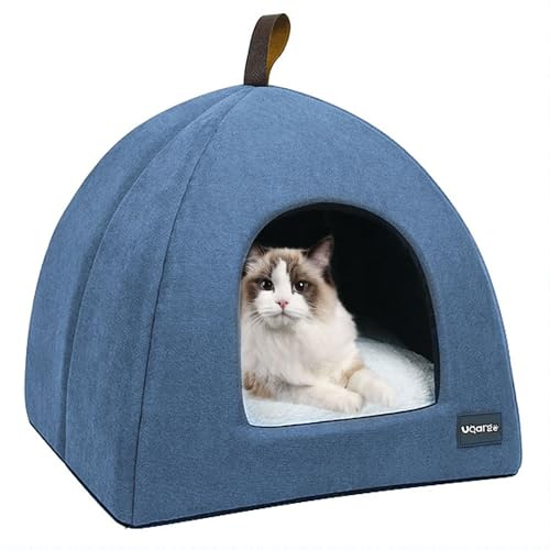 Voarge Katzenhöhle Katzenbett, weiche Katzenhöhle, weiche warme Plüsch-Katzenbetten, Katzennest mit herausnehmbarem Innenkissen (Blau S)