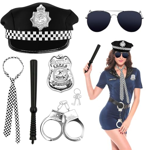 SHOWHEEL 7er Polizei Kostüm Damen Herren,mit Polizei Mütze Handschellen Polizeiabzeichen Schlagstock Krawatte Schwarze Brille Schlüssel,Karneval Faschingkostüm Polizei Zubehör