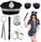 SHOWHEEL 6er Polizei Kostüm Damen Herren,mit Polizei Mütze Handschellen Polizeiabzeichen Schlagstock Krawatte Schwarze Brille,Karneval Faschingkostüm Polizei Zubehör