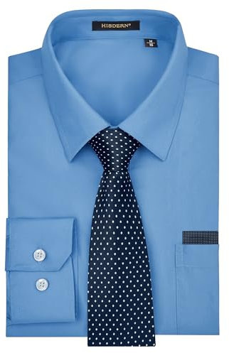 HISDERN Camisa Hombre Azul Manga Larga Formal Camisas y Corbata Elegante Camisa de Vestir de Negocios Boda con Bolsillo Regular Fit XL
