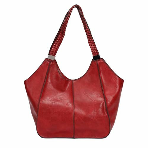 OBC Damen XXL Tasche Schultertasche Shopper Businesstasche Umhängetasche Workbag Henkeltasche Reisetasche FLECHTOPTIK Henkel Leder Optik Rot
