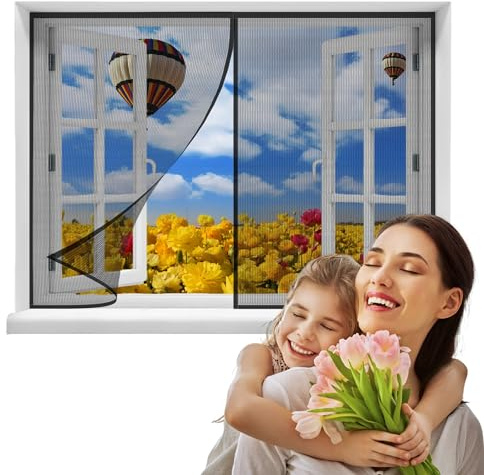 Zanzariera magnetica per finestre, 145x160cmanti zanzare, paia di magneti chiudono automaticamente e telaio completo nastro magico per balcone, patio, soggiorno（Nero）
