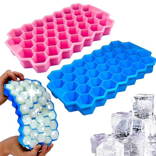 2PCS Ice Cube Tray With Lid - Soft Silicone Ice Moulds Set for Whiskey, Cocktail, Baby Food (Pink/Blue)