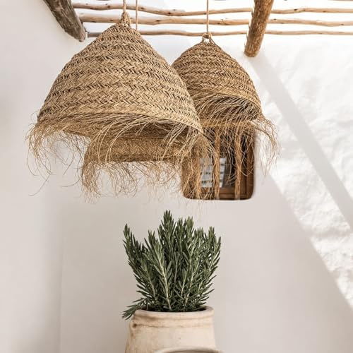 Generico Lustre à Suspension en Paille Artisanale Marocaine: Style Ethnique, Éclairage Naturel et Chaleureux 2403211022 Rotin Osier Jonc Sans Installation Électrique