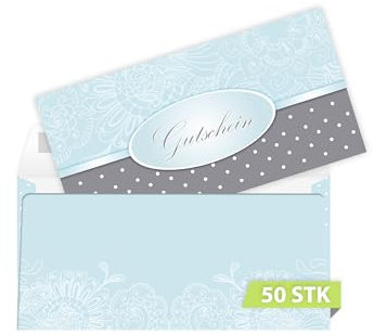 50 Gutscheine DIN lang (21x10,5 cm) mit 50 Kuverts DIN lang (22x11 cm) Design Motiv Ornament Gutscheine zum Ausfüllen Gutschein Geschenk Karte für Massage Wellness Kosmetik Nagelstudio Spa Beauty